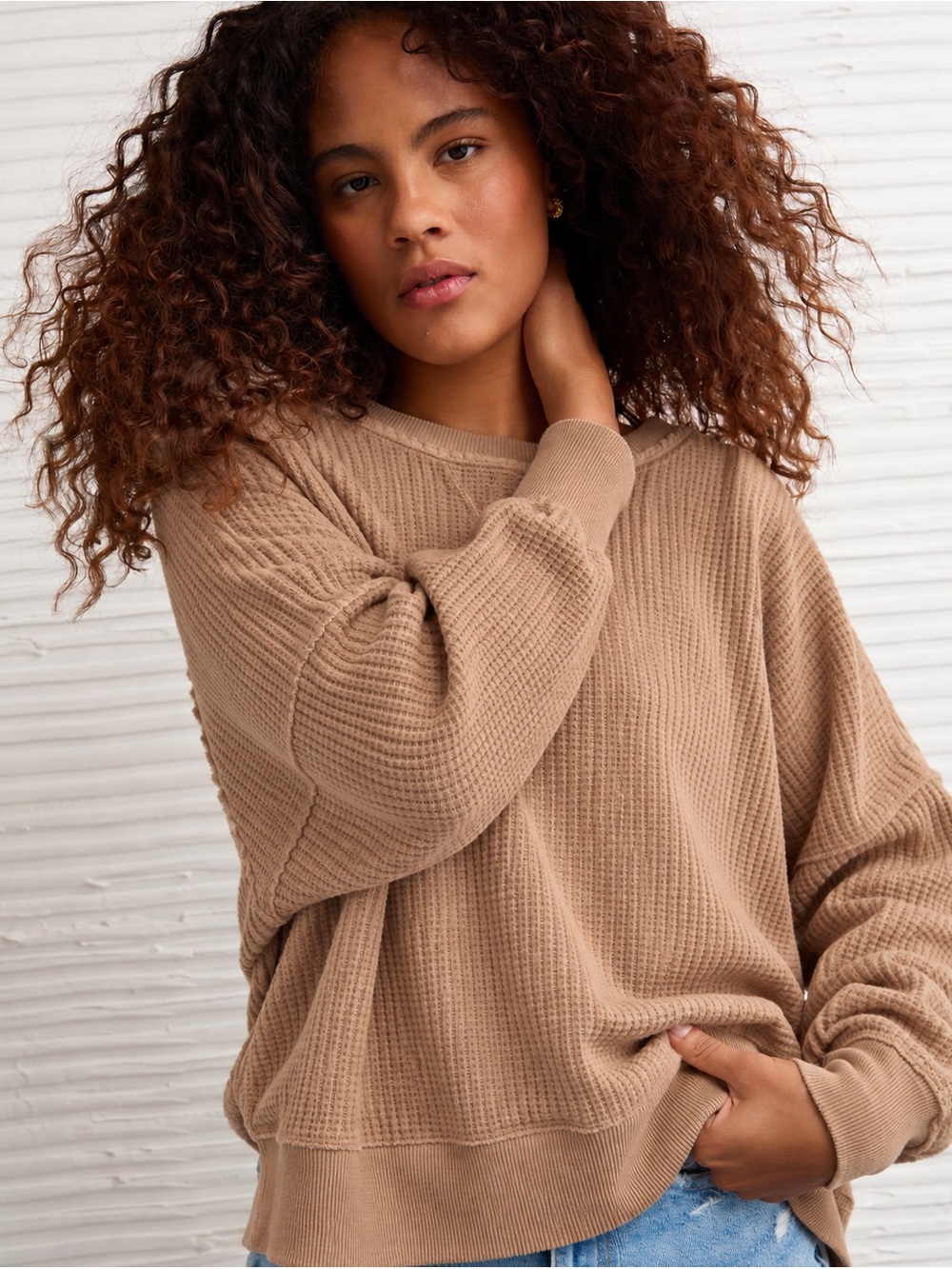 Cozy Waffle-Knit Crewneck Sweater - Tan XS